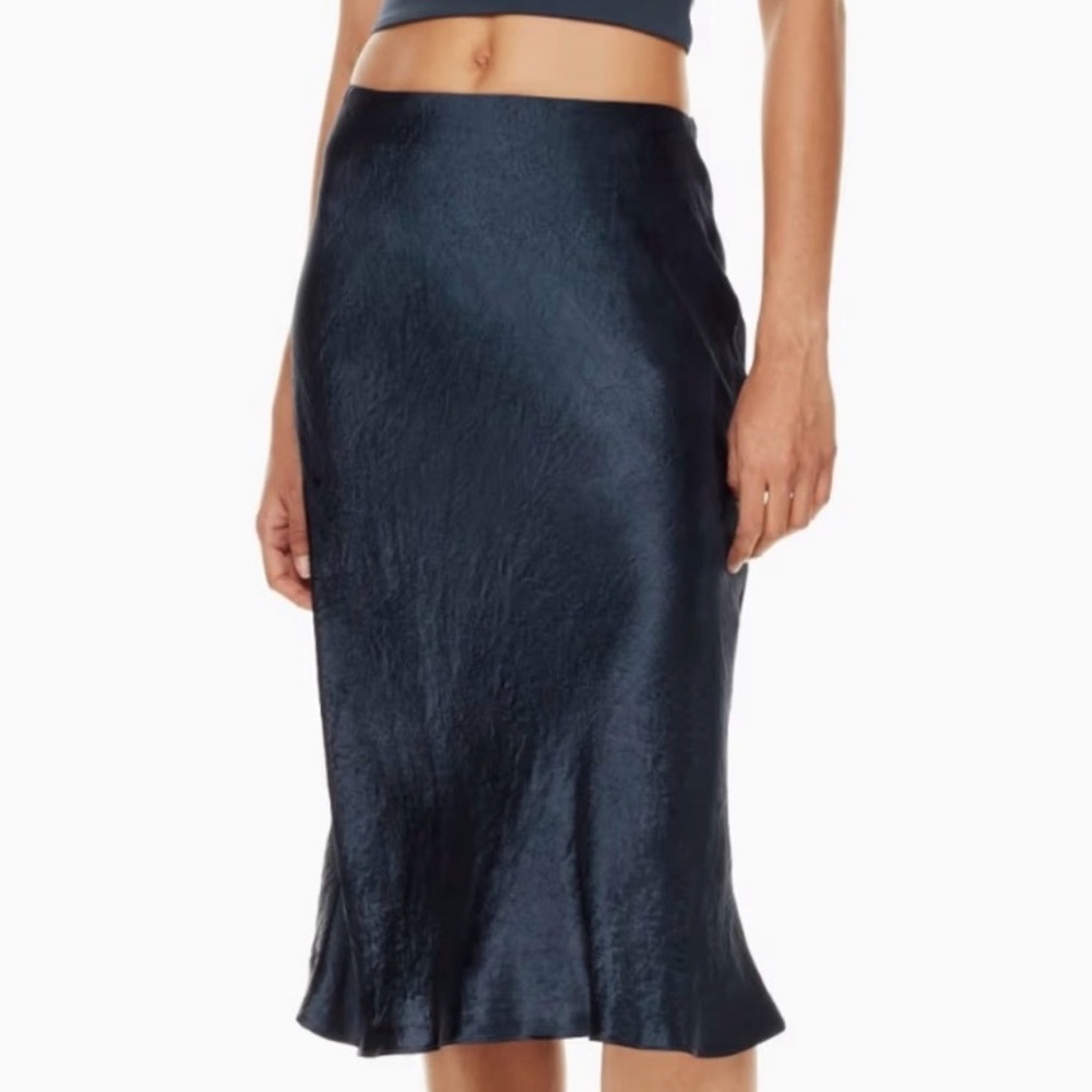 Babaton for Aritzia Navy Blue Satin Midi Skirt